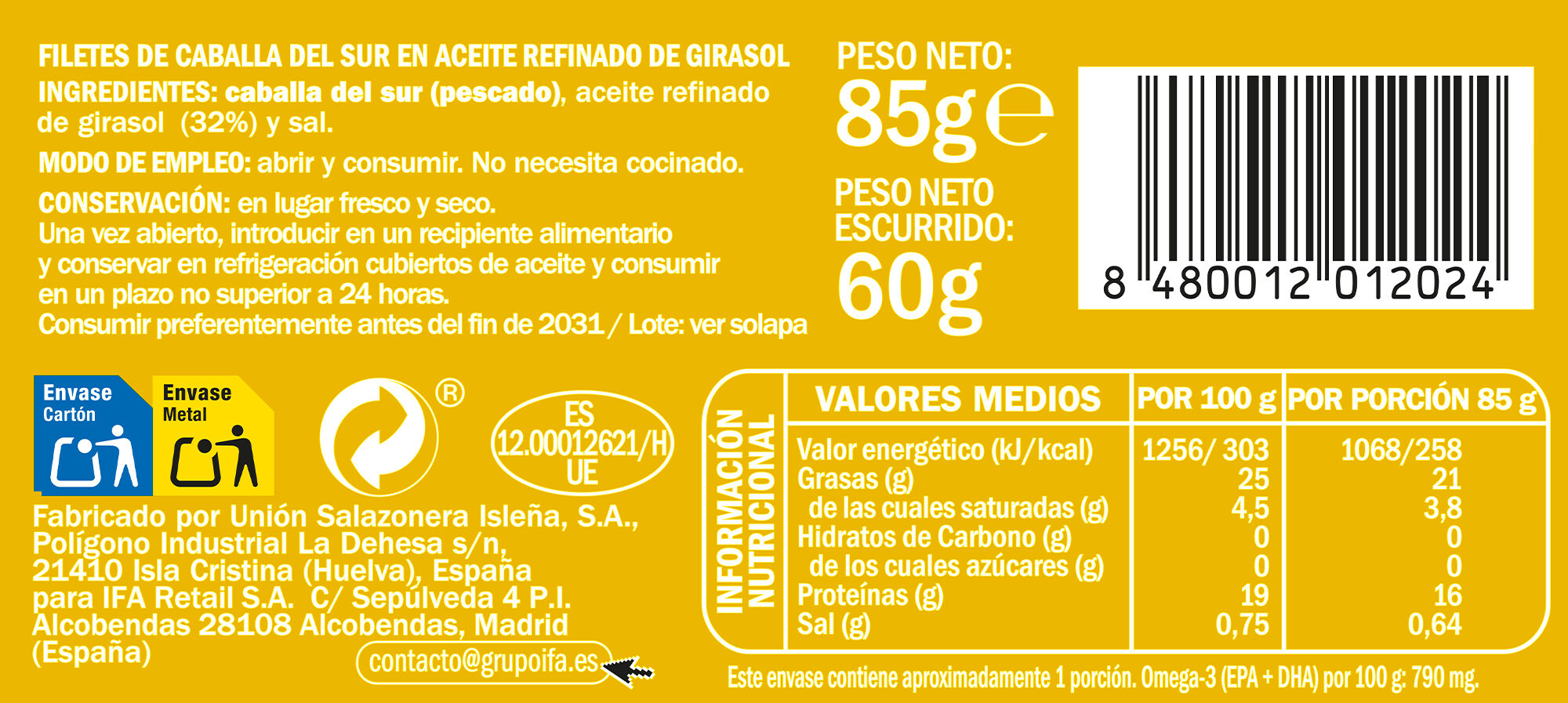 Caballa aceite girasol Ifa rr90 60g escurr