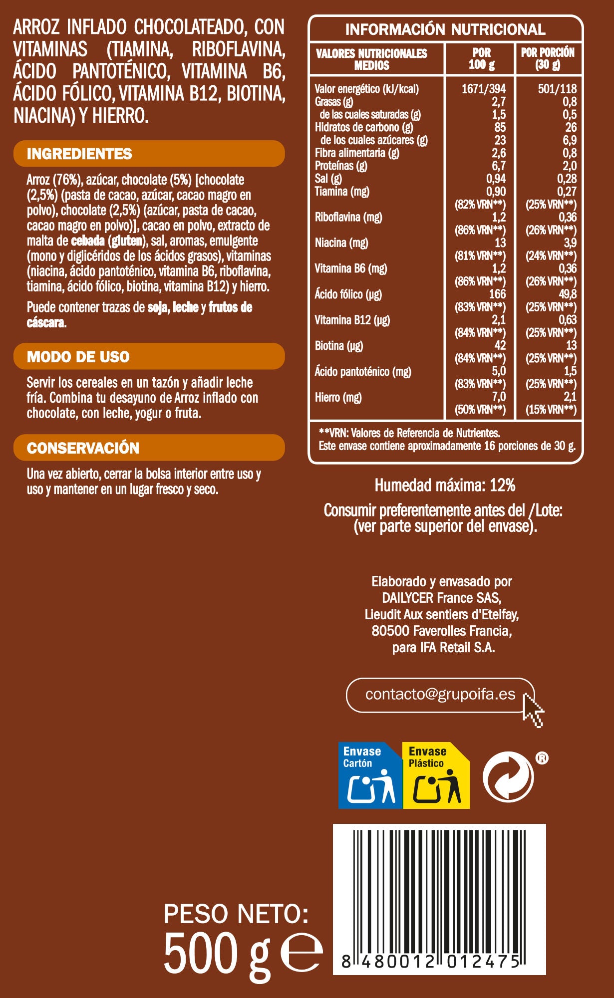 Cereal arroz inflado chocolate Ifa eliges 500g