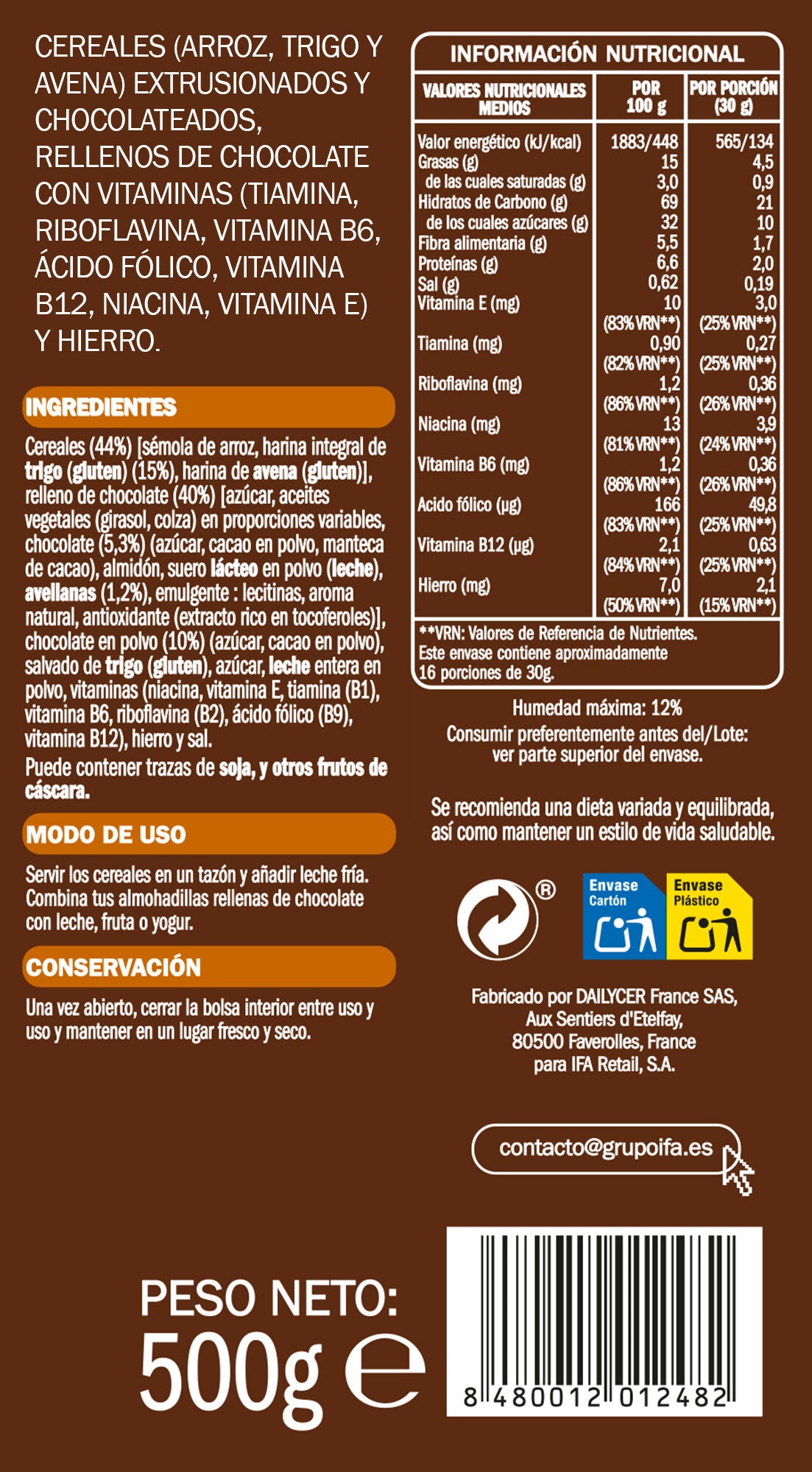 Cereal almohadilla relleno chocolate Ifa eliges 500g