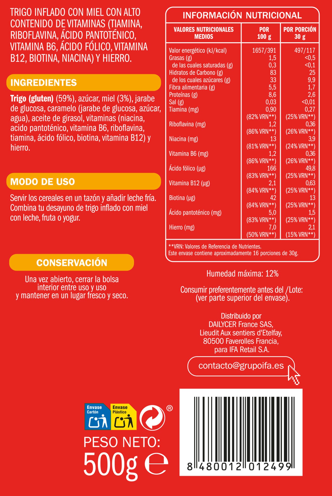 Cereal trigo inflado miel Ifa eliges 500g