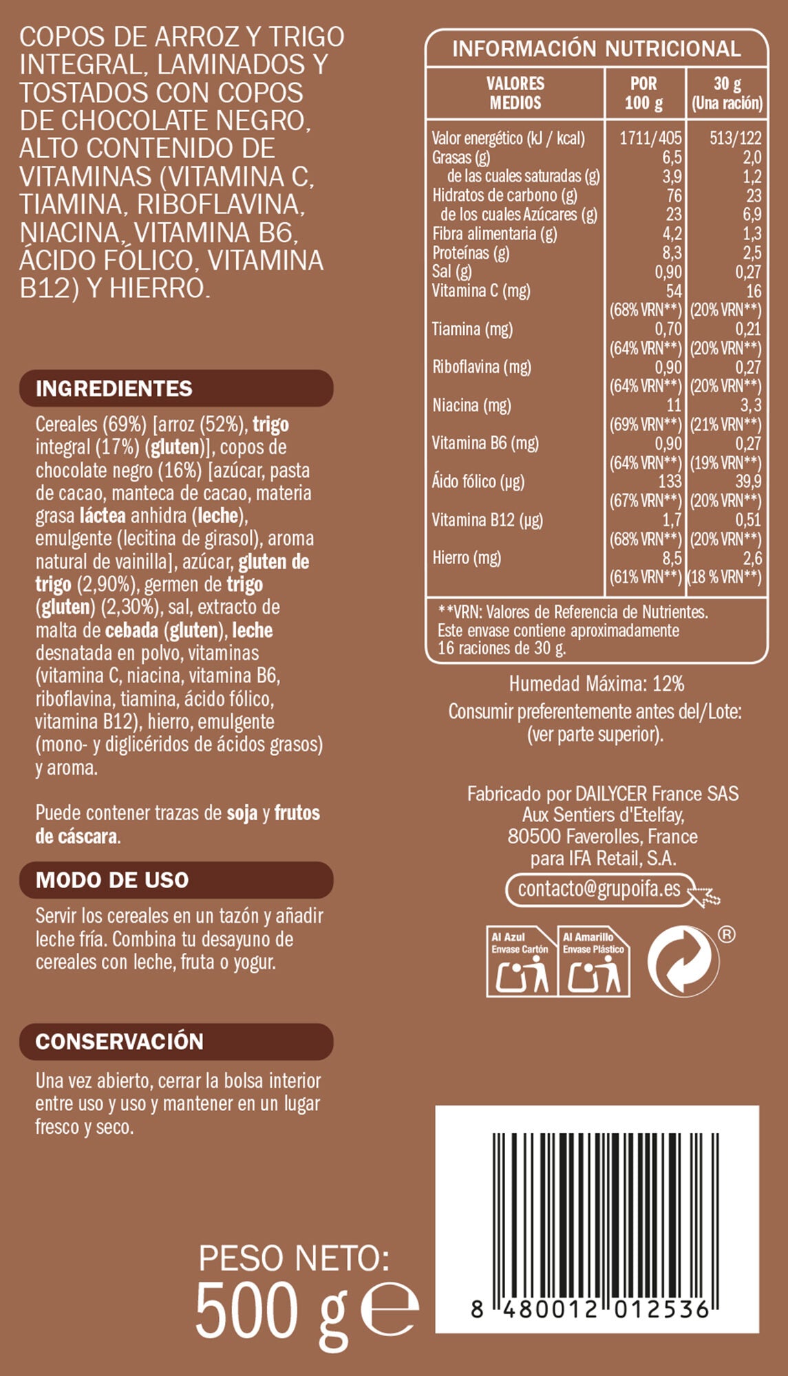 Cereal arroz inflado trigo integral c/choco Ifa eliges 500g