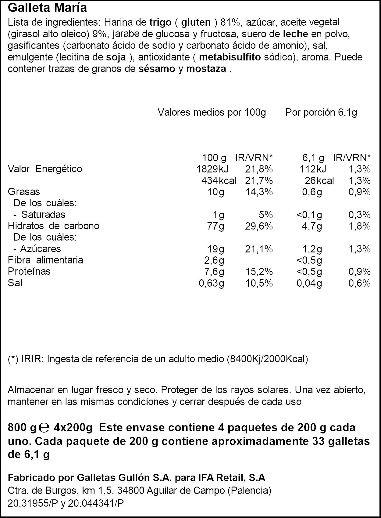 Galleta maría  Ifa eliges 800g