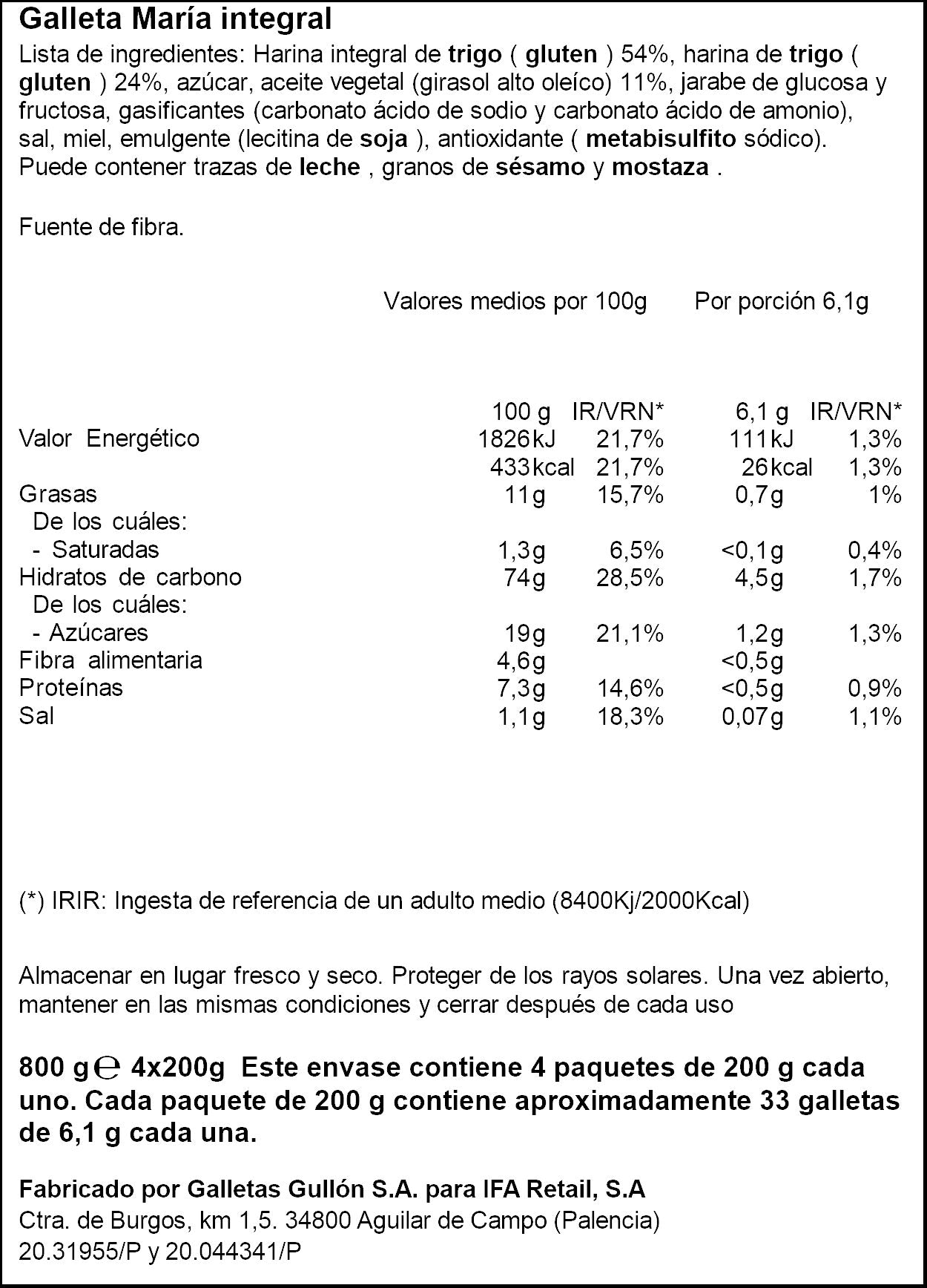 Galleta maría integral Ifa eliges 800g
