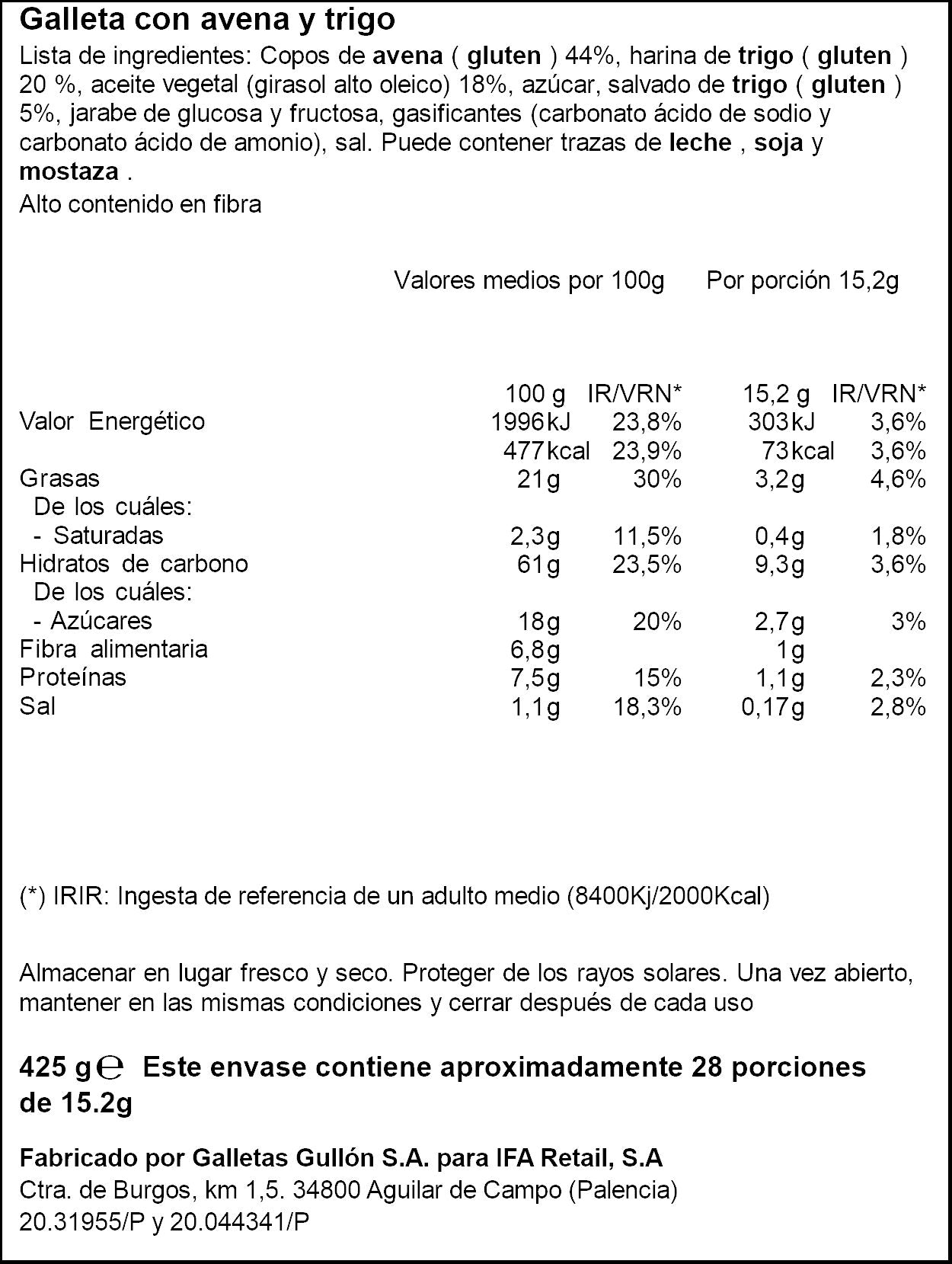 Galleta digestive avena Ifa eliges 425g