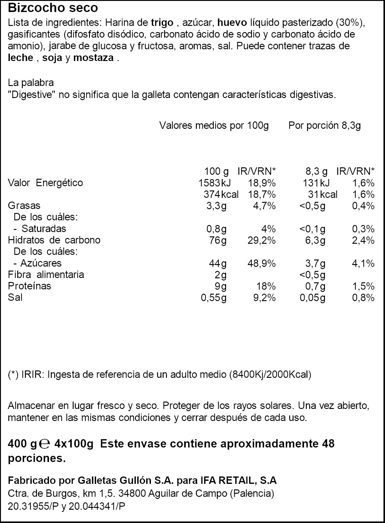 Bizcocho al huevo Ifa eliges p4 400g