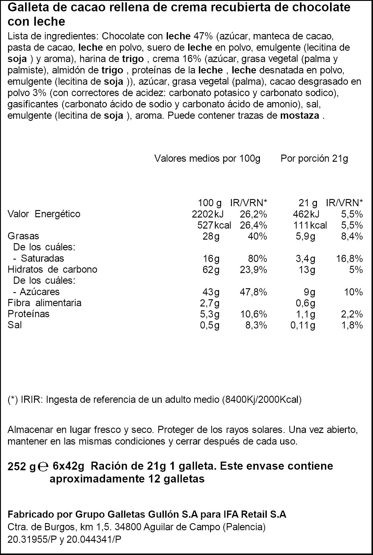 Galleta bañada choco rellena de crema Ifa eliges 252g