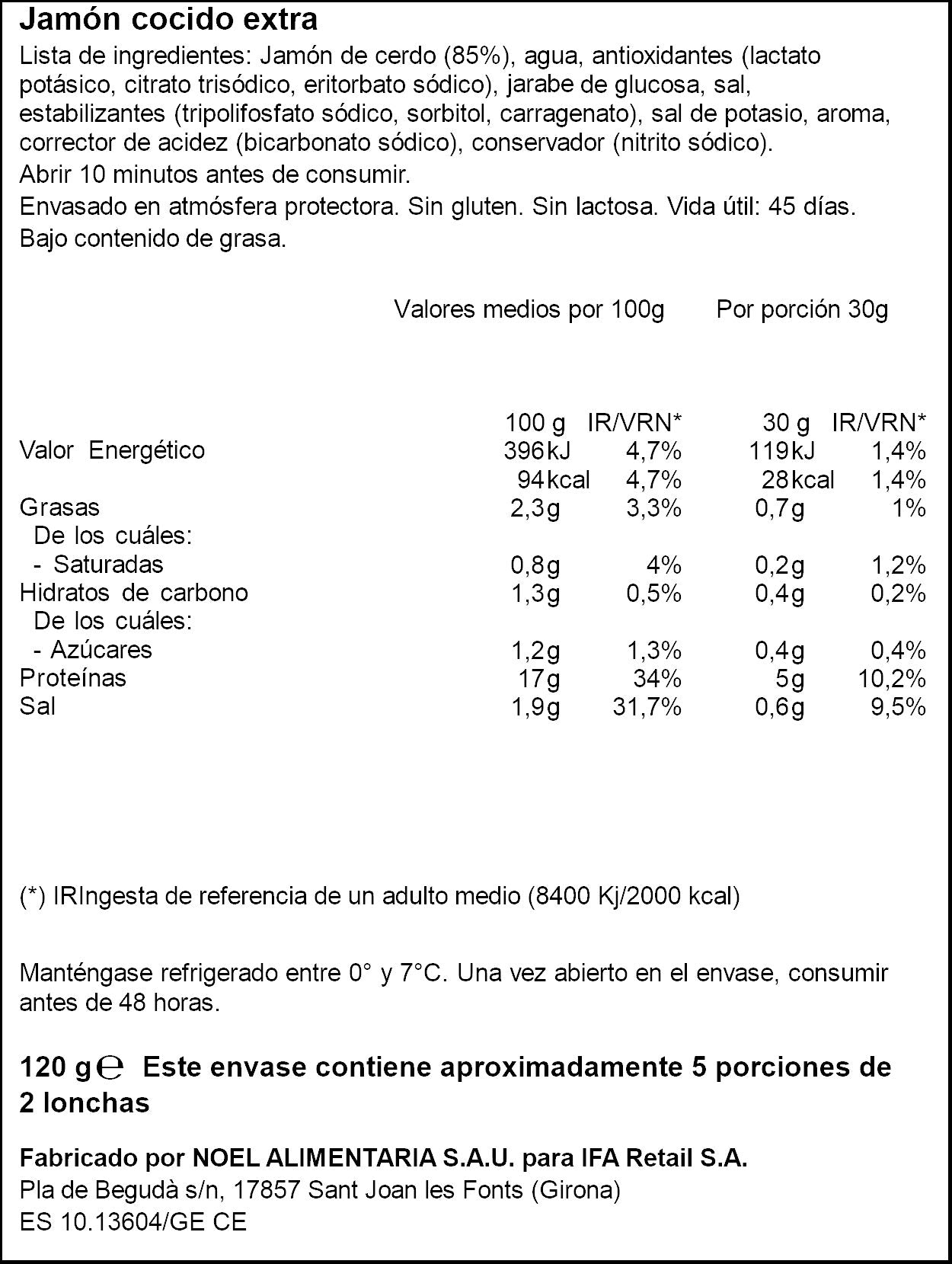 Jamón cocido extra finas lonchas Ifa eliges 120g
