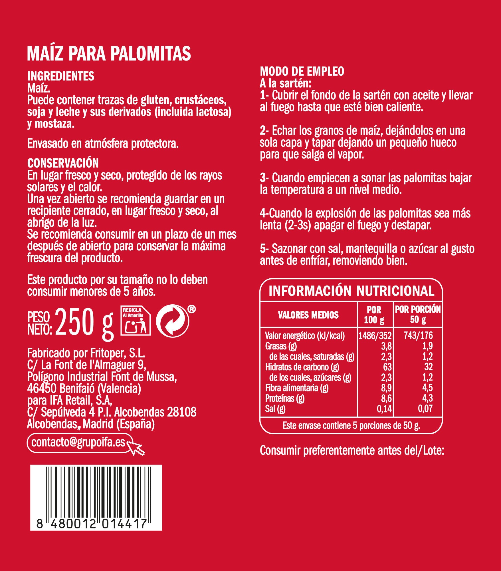 Maiz palomitas sarten Ifa eliges 250g