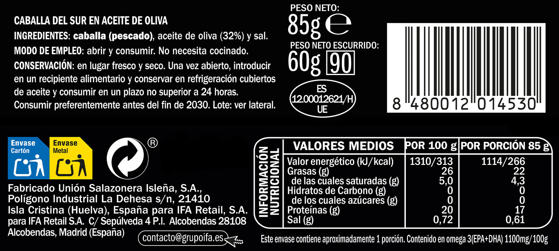 Filete caballa aceite oliva rr-125 Ifa eliges 60g escurr
