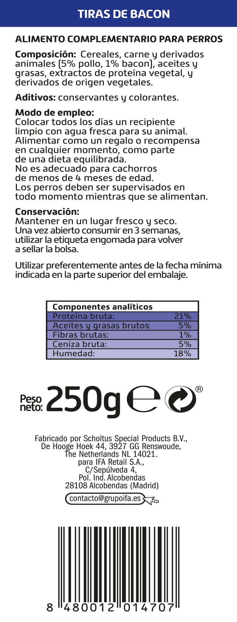 Snack perro tiras bacon Ifa amigo 250g