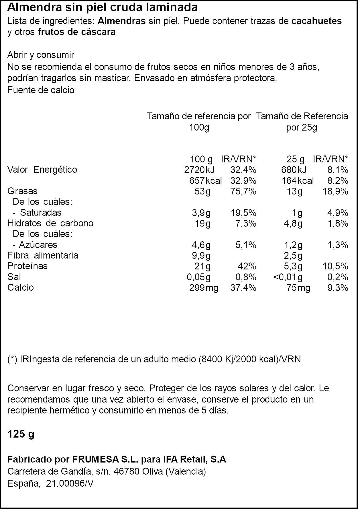 Almendra cruda laminada usa Ifa eliges 125g