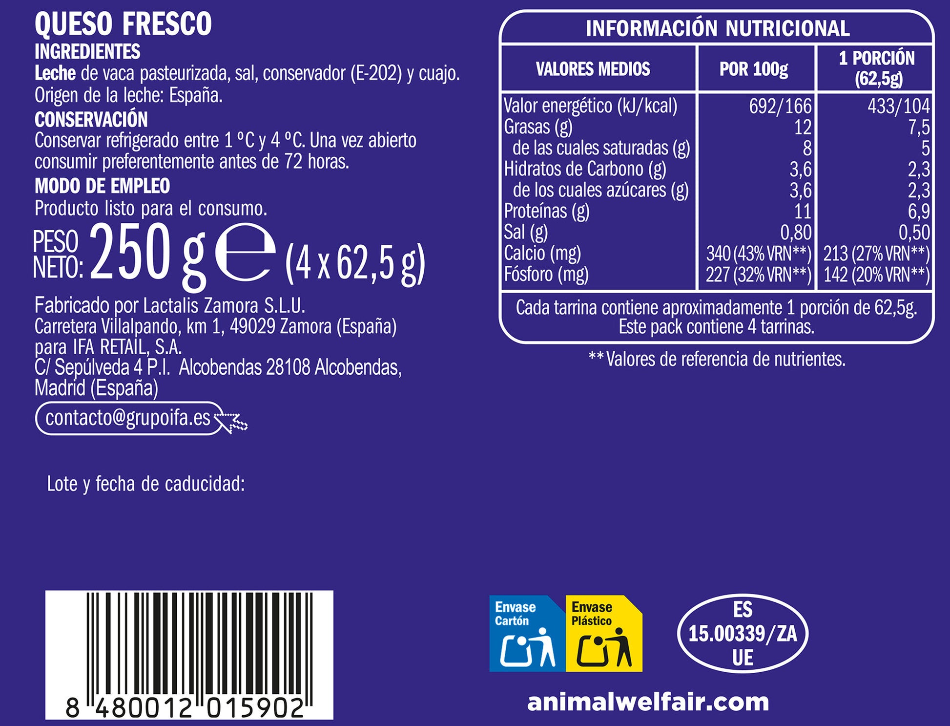 Queso fresco natural Ifa eliges p4 62.5g/u