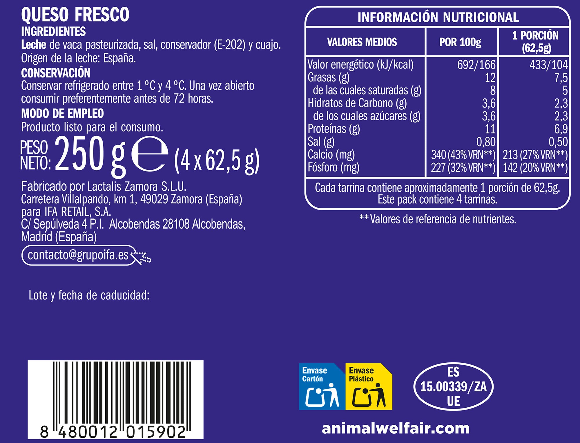 Queso fresco natural Ifa eliges p4 62.5g/u