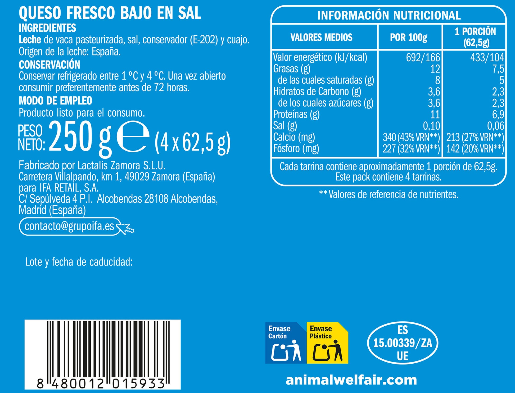 Queso fresco semigraso bajo en sal Ifa eliges p4 62.5g/u