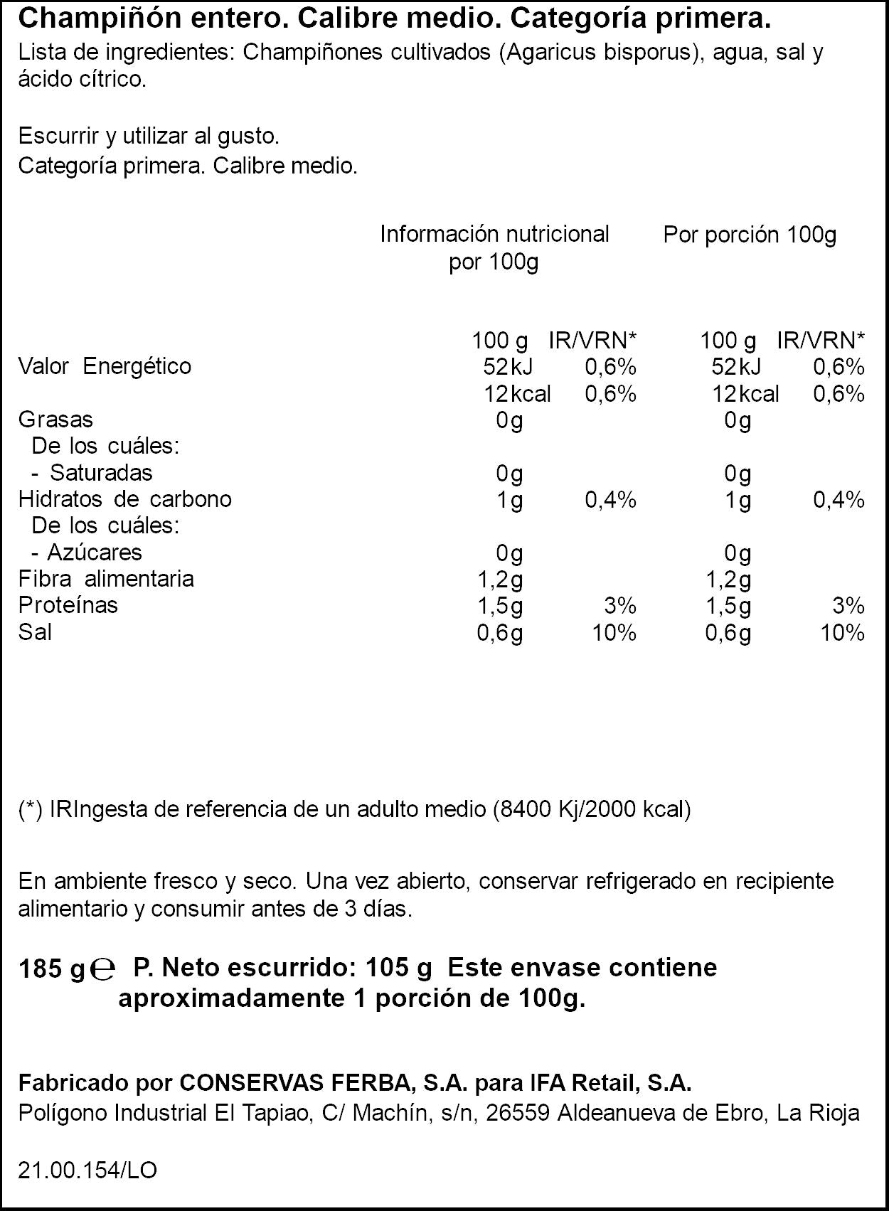 Champiñón enterolata r0212 Ifa eliges 105g escurr