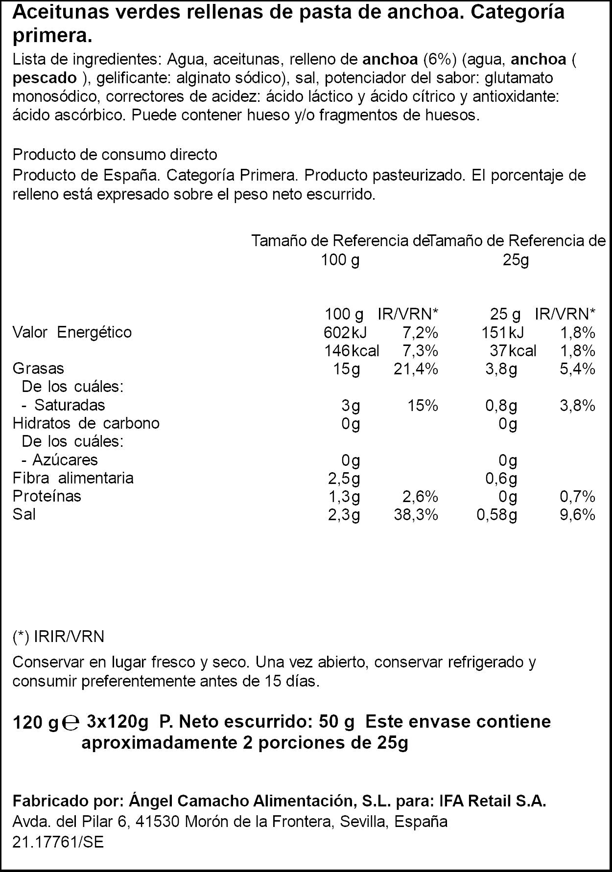 Aceitunas uave relleno anchoa Ifa.p3x50g escurr