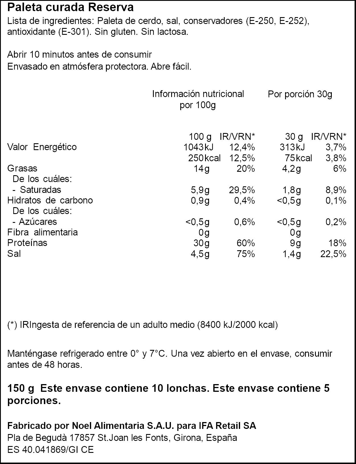Jamón curado paleta lonchas Ifa eliges 150g