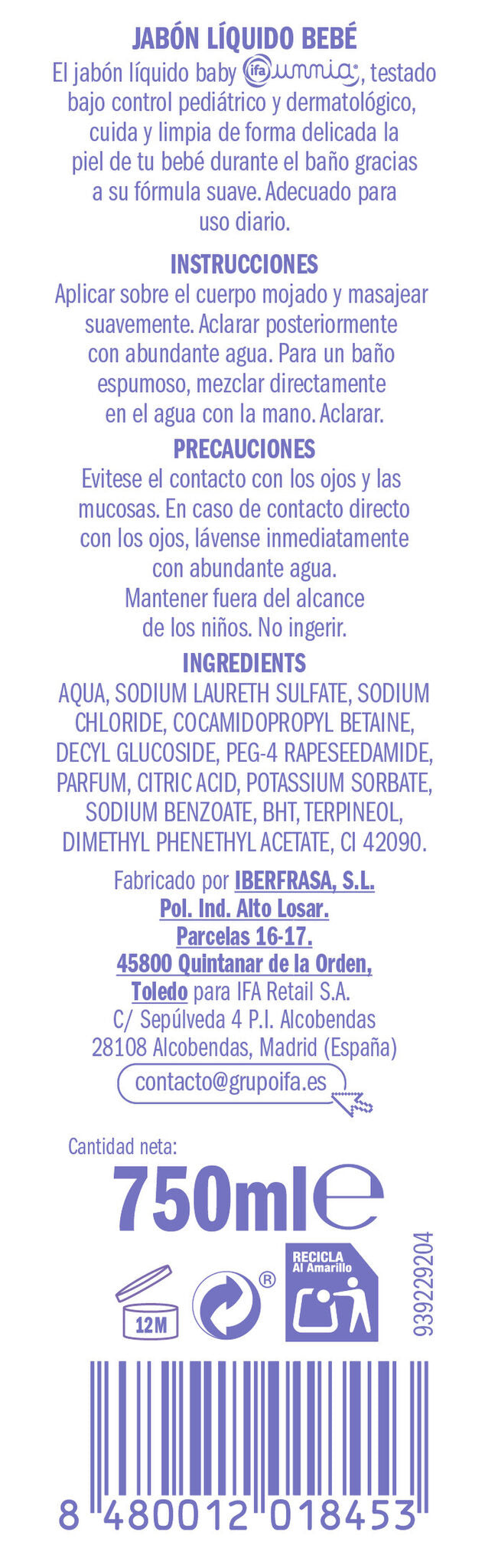 Jabón líquido infantil dosificador Ifa unnia 750ml