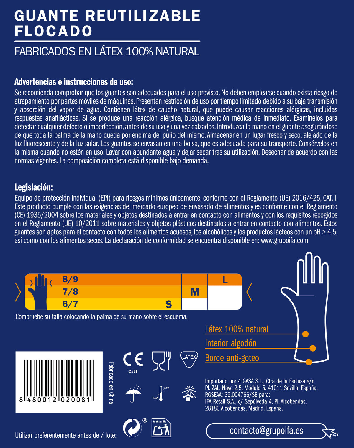 Guante goma flocado grande Ifa sabe 1u