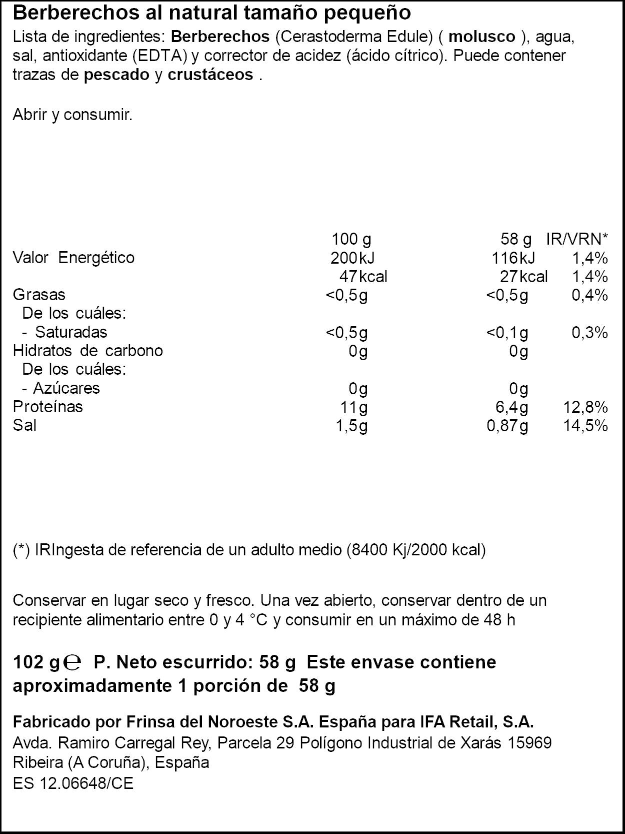Berberecho natural 60/80 lata Ifa eliges 63g escurr