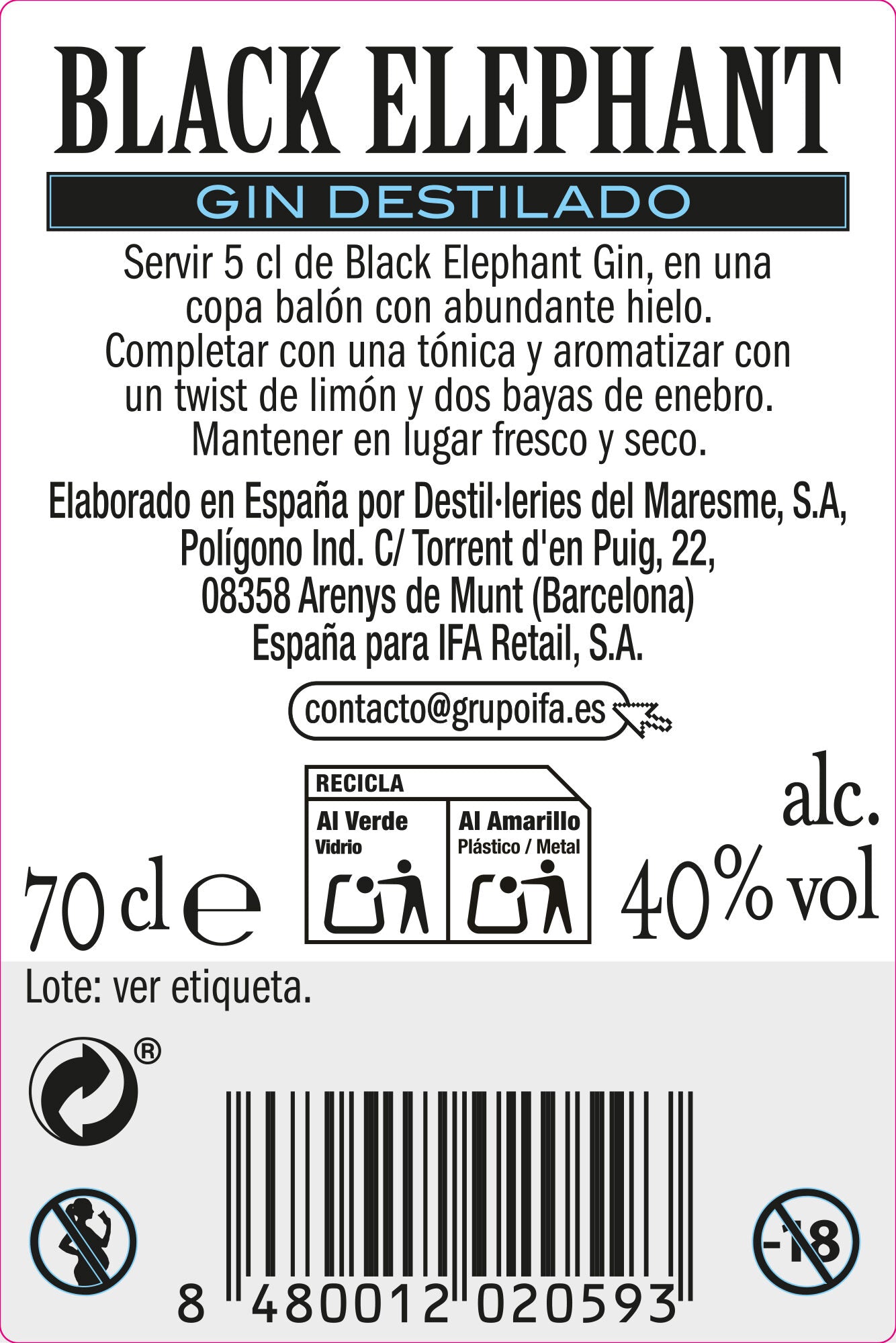Ginebra 37.5º London dry Black elephant 700ml