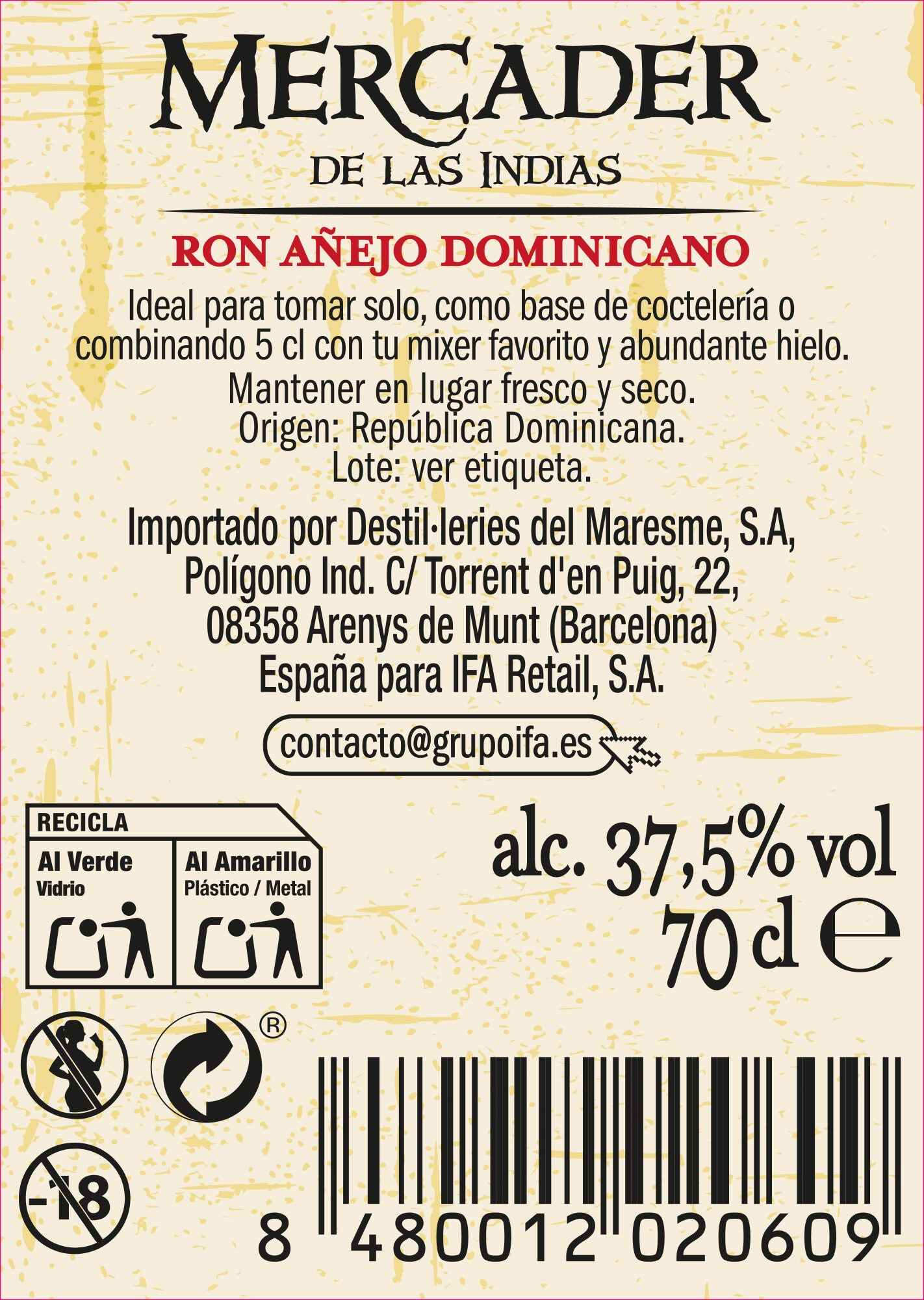 Ron añejo 37.5º Mercader indias 700ml