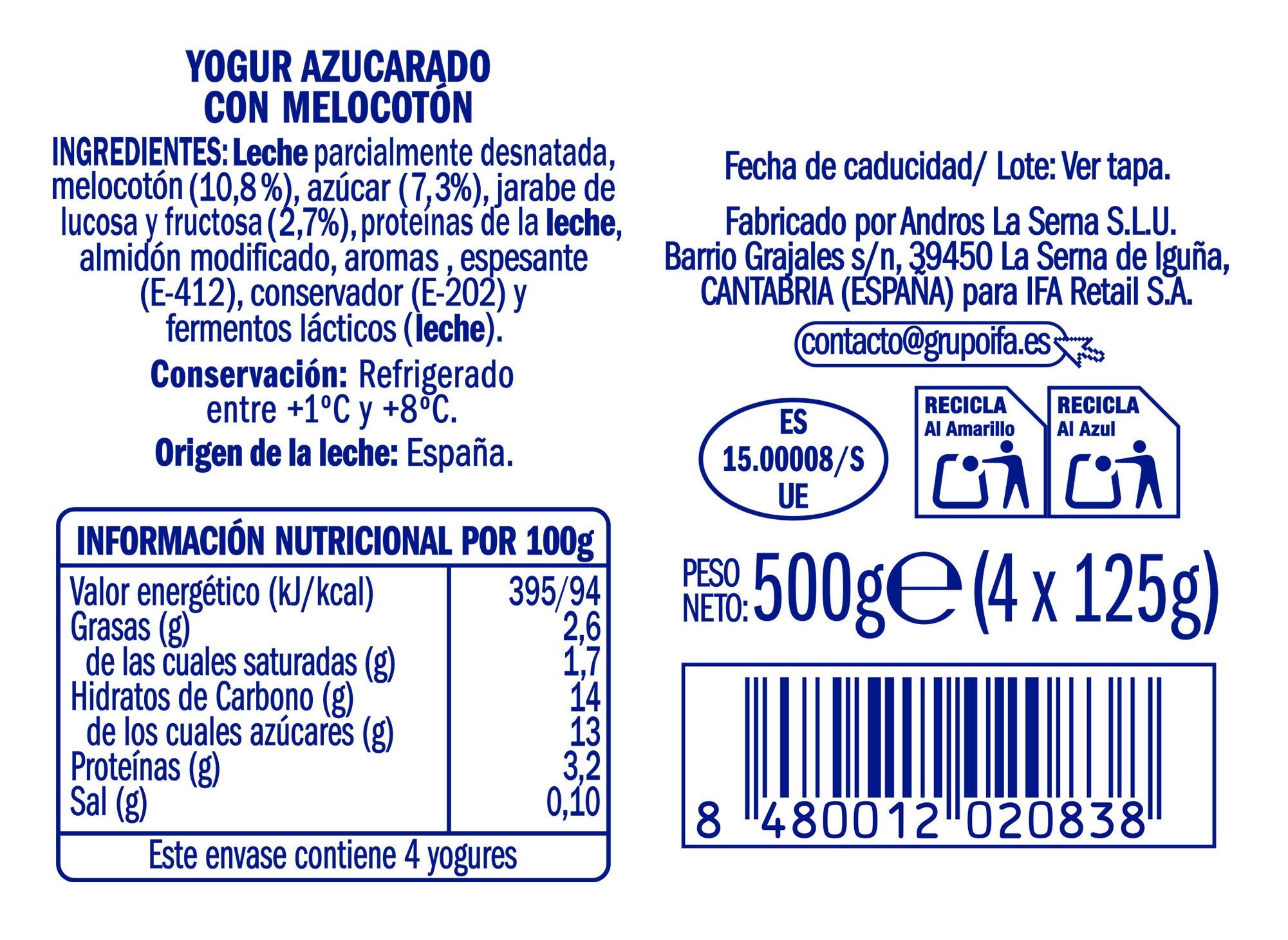 Yogurt con trozo melocoton Ifa eliges p4 125g/u