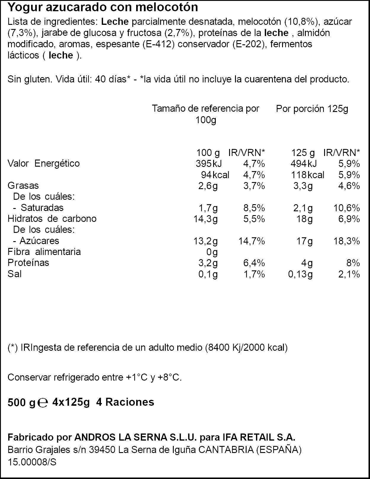 Yogurt con trozo melocoton Ifa eliges p4 125g/u