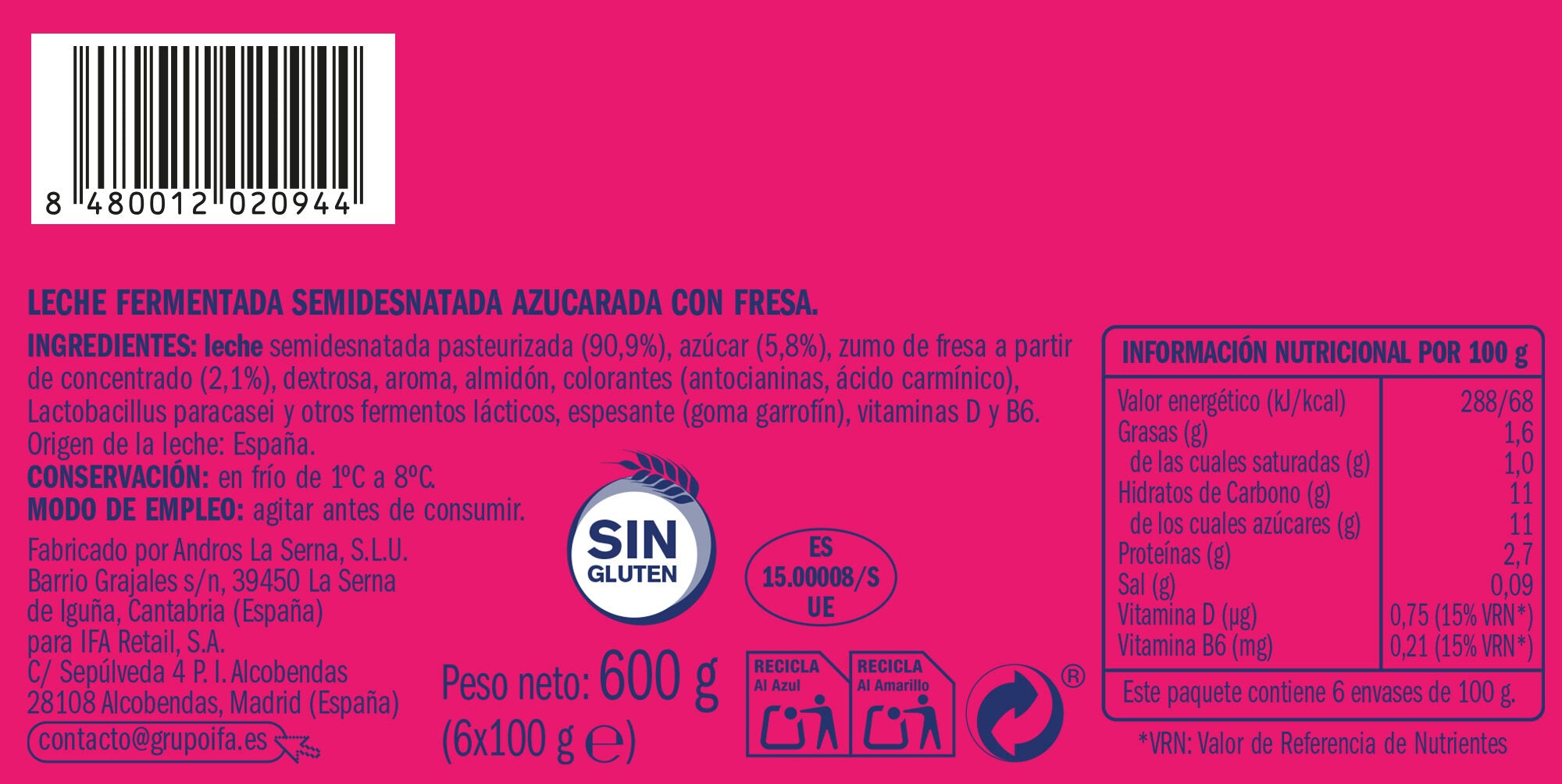 Yogur liquido l.casei fresa Ifa eliges p6 100g/u