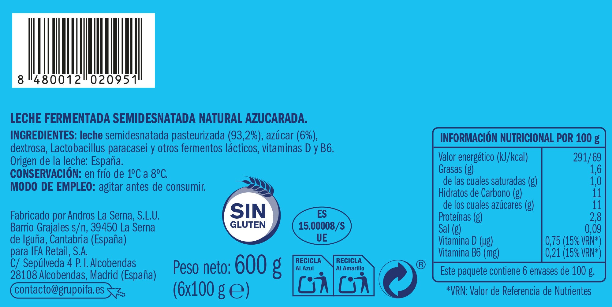 Yogur liquido l.casei natural Ifa eliges p6 100g/u
