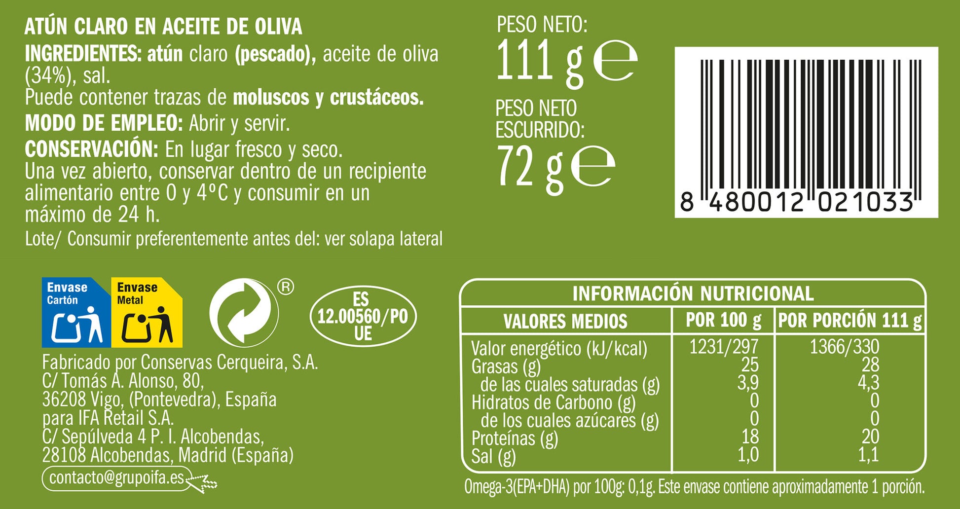 Atun claro aceite oliva ol120 Ifa eliges 72g escurr