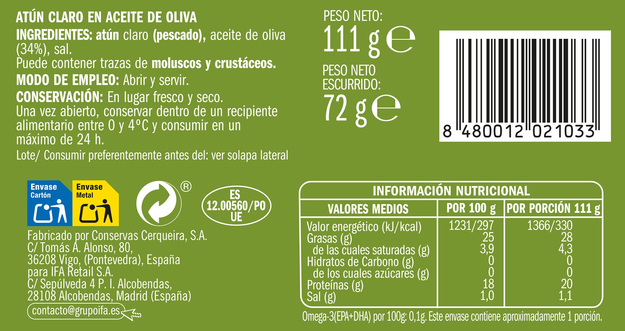 Atun claro aceite oliva ol120 Ifa eliges 72g escurr