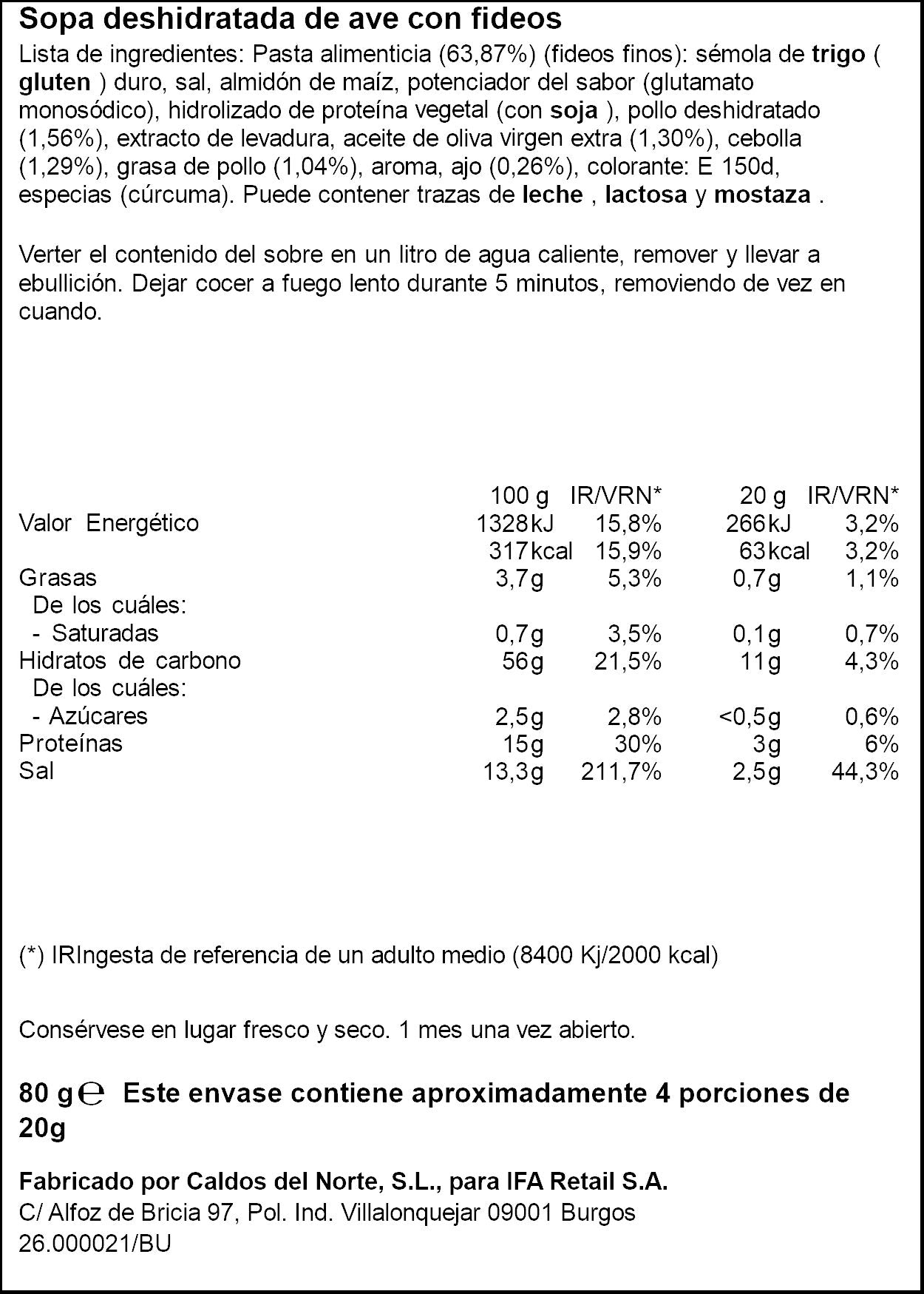 Sopa sobre ave c/fideos Ifa eliges 80g