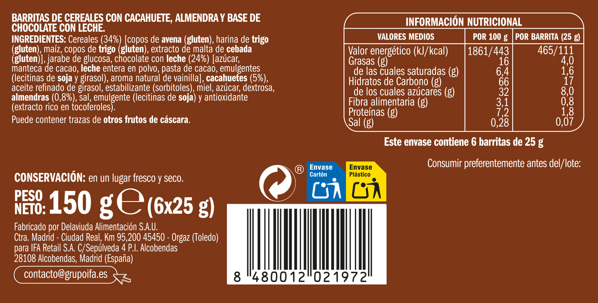Barrita cereal c/chocolate/leche Ifa eliges p6 25g/u