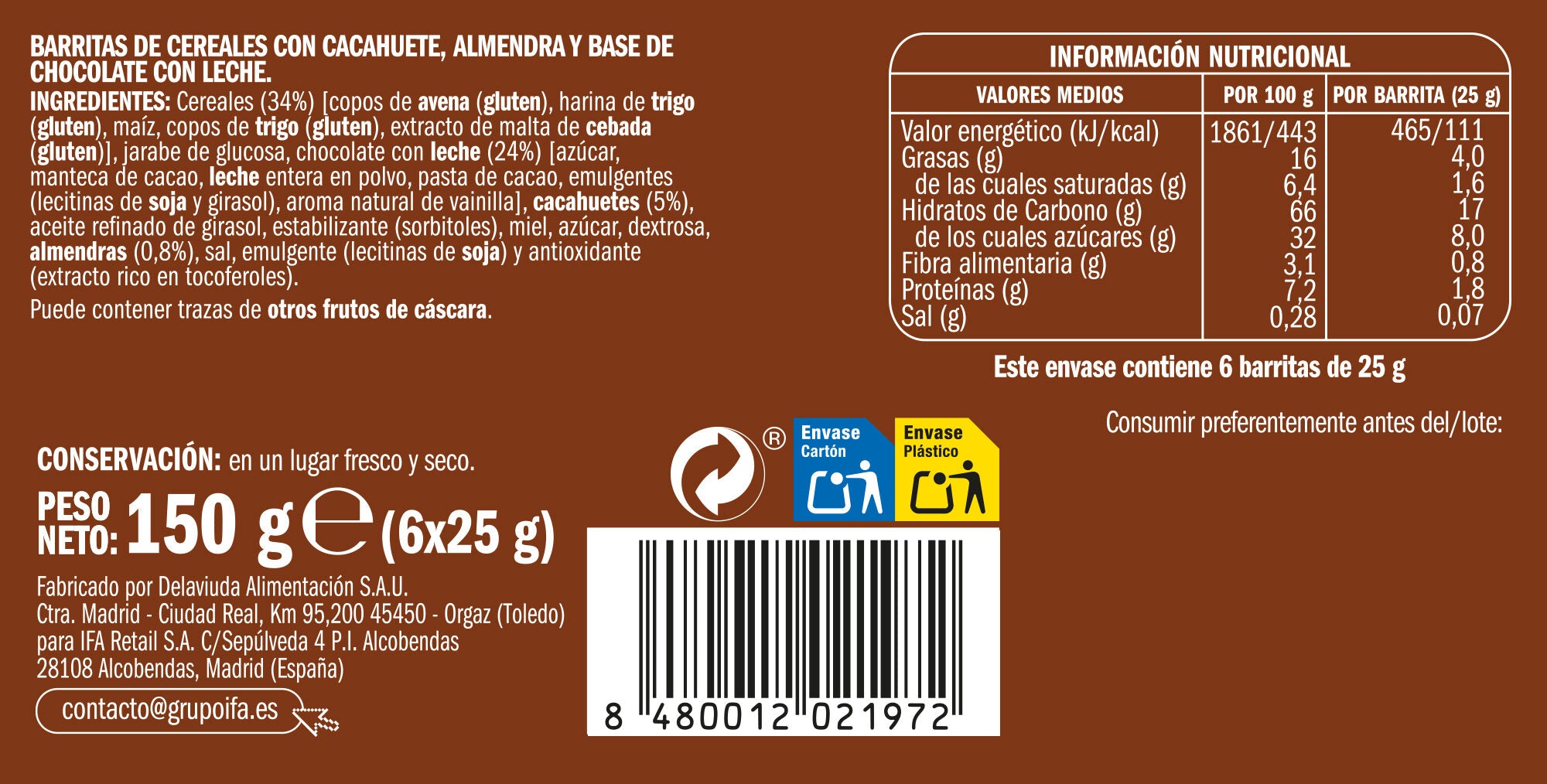 Barrita cereal c/chocolate/leche Ifa eliges p6 25g/u
