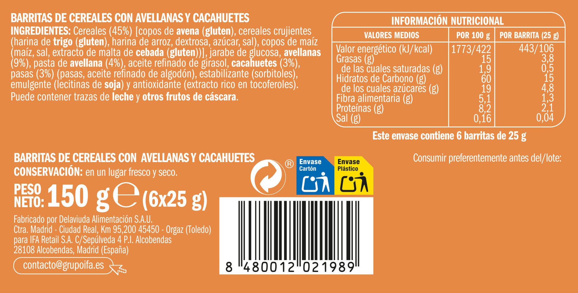 Barrita cereal c/avellanas Ifa eliges p6 25g/u