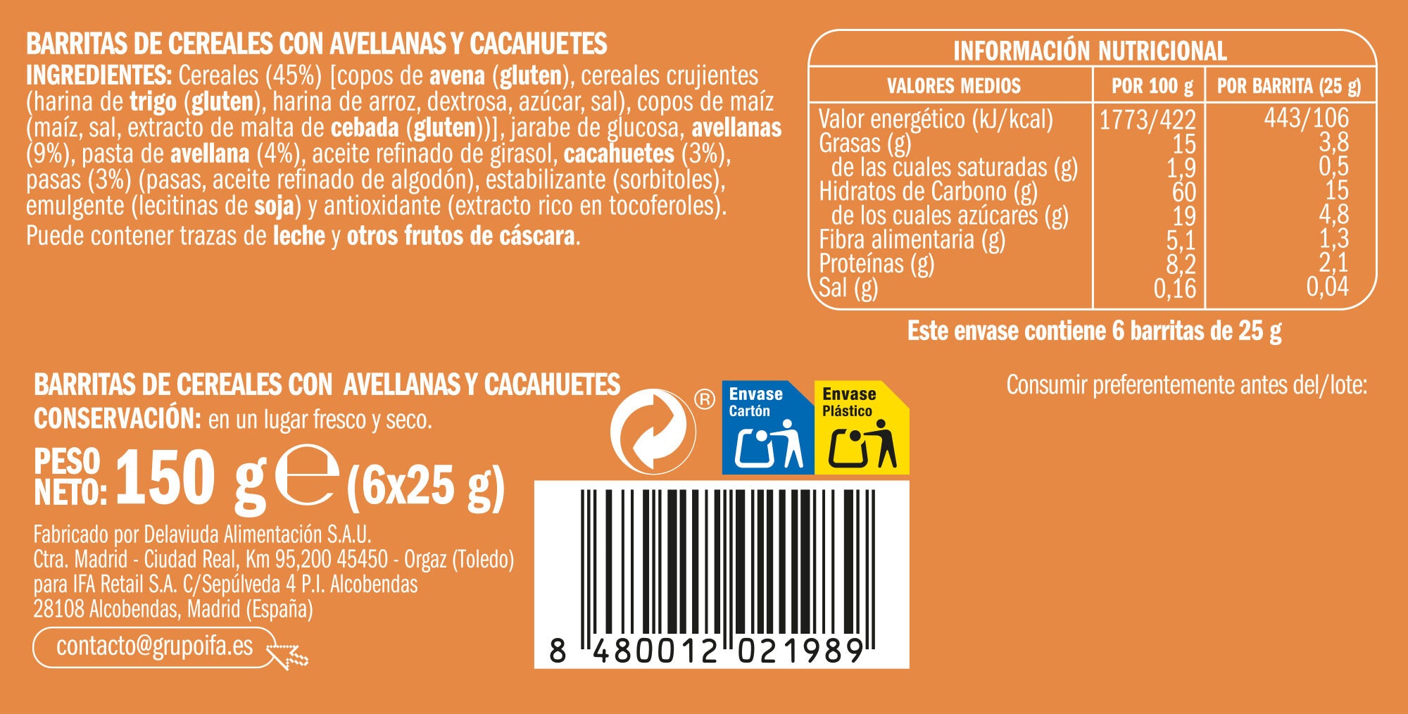 Barrita cereal c/avellanas Ifa eliges p6 25g/u