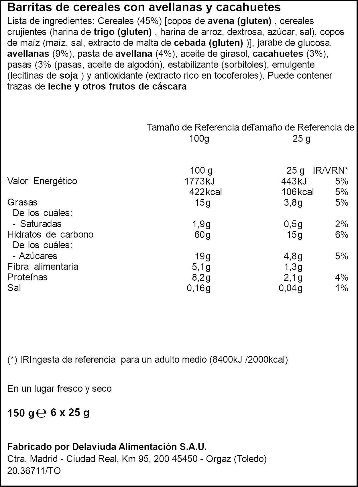 Barrita cereal c/avellanas Ifa eliges p6 25g/u