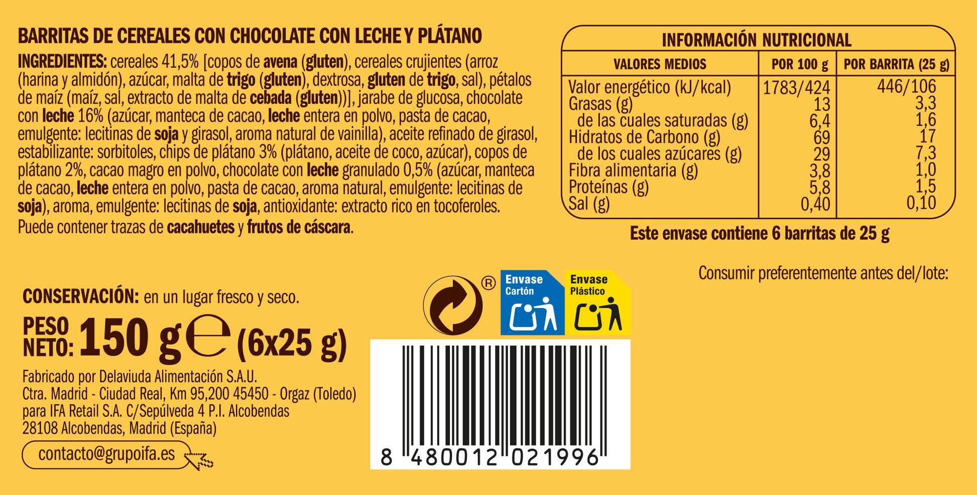 Barrita cereal c/chocolate/plátano Ifa eliges p6 25g/u