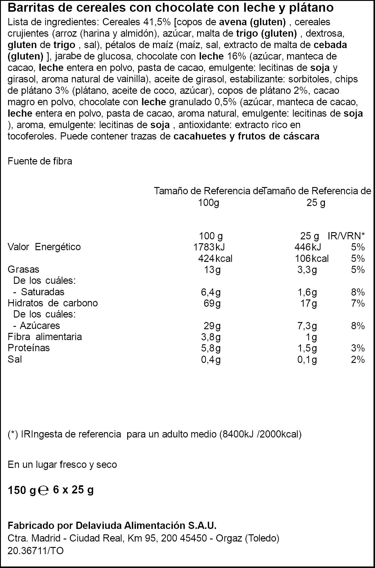 Barrita cereal c/chocolate/plátano Ifa eliges p6 25g/u