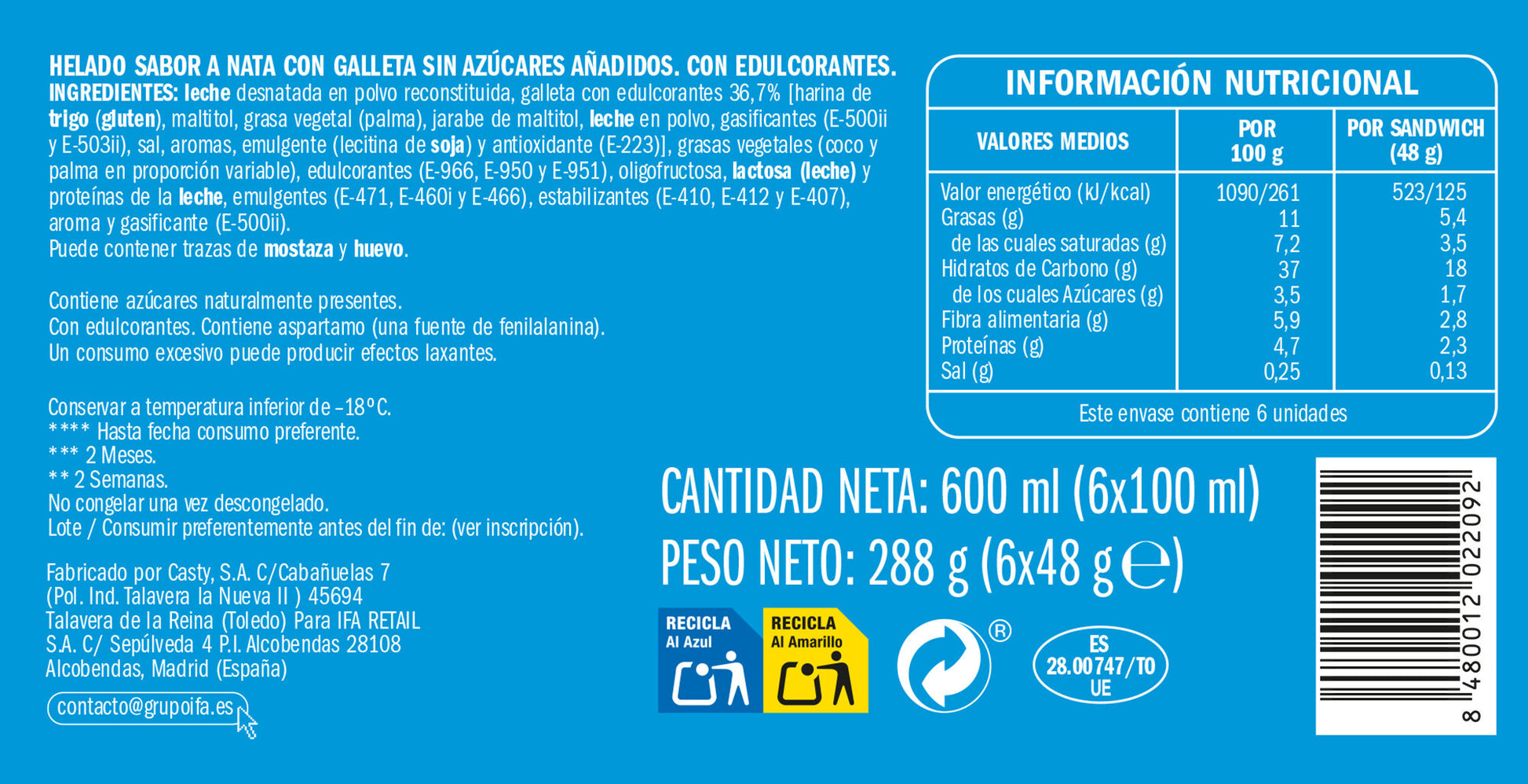 Sandwich nata 0% azucar Ifa eliges p6x100ml