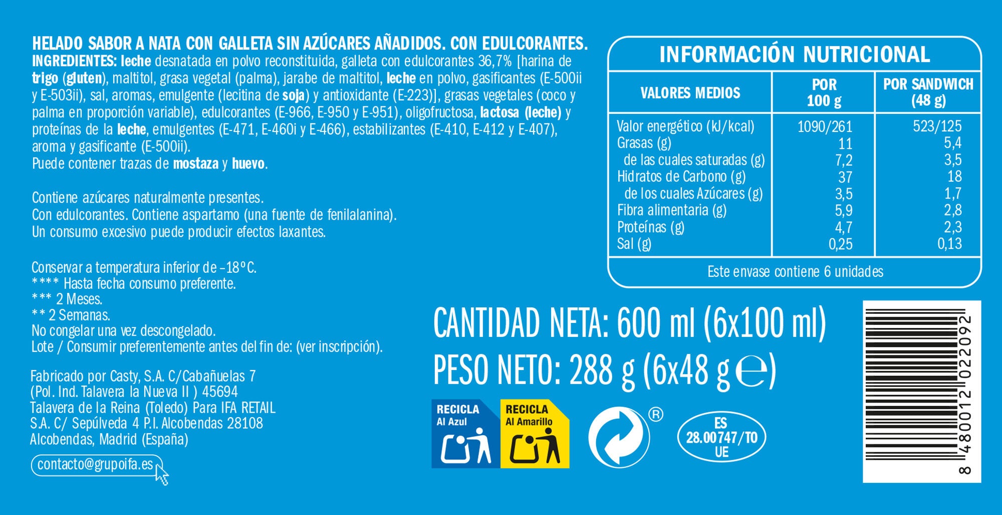 Sandwich nata 0% azucar Ifa eliges p6x100ml