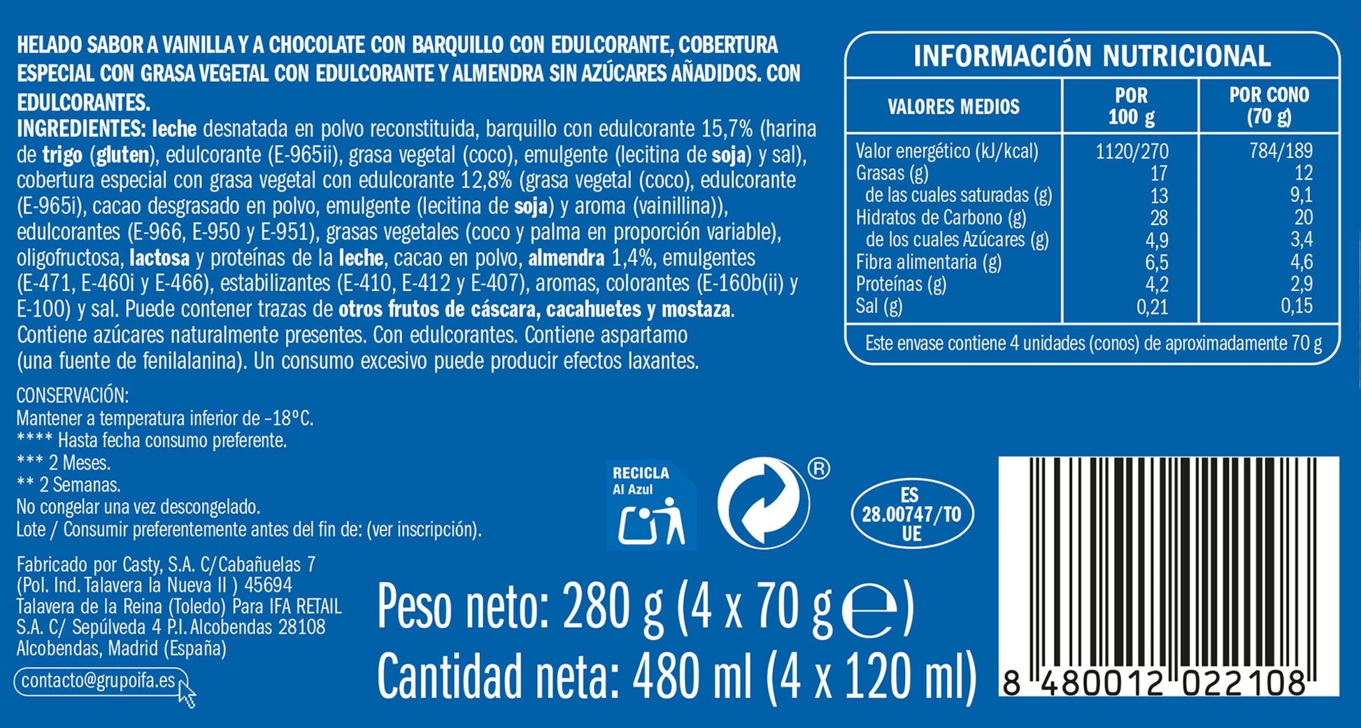 Cono vainilla/choco 0% az Ifa eliges p4x120ml