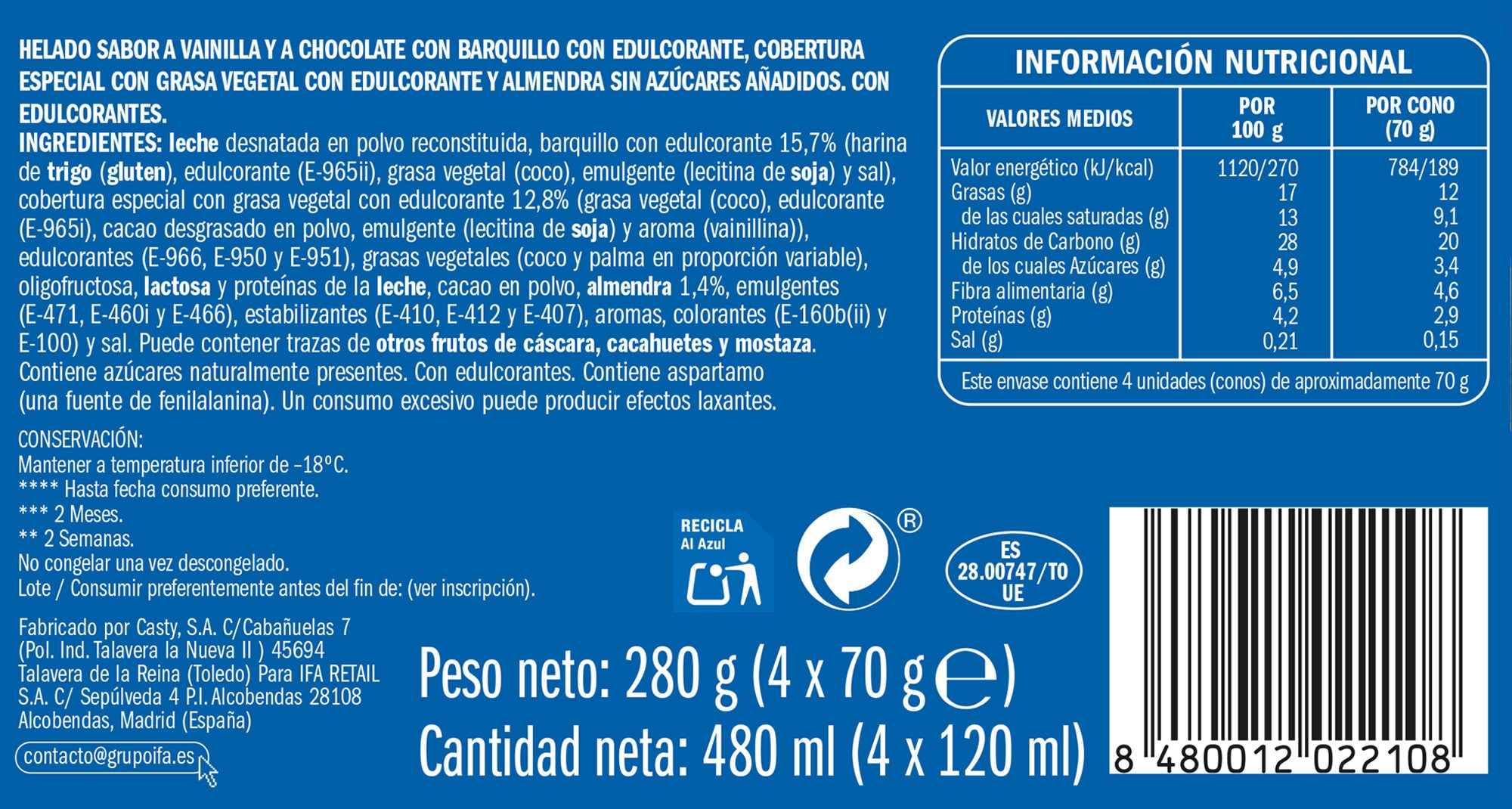 Cono vainilla/choco 0% az Ifa eliges p4x120ml