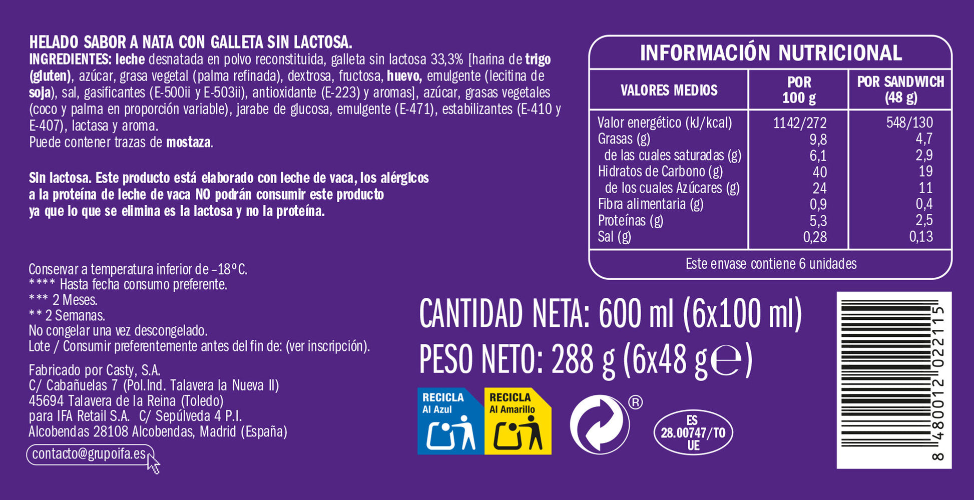 Sandwich nata s/lactosa Ifa eliges p6x100ml