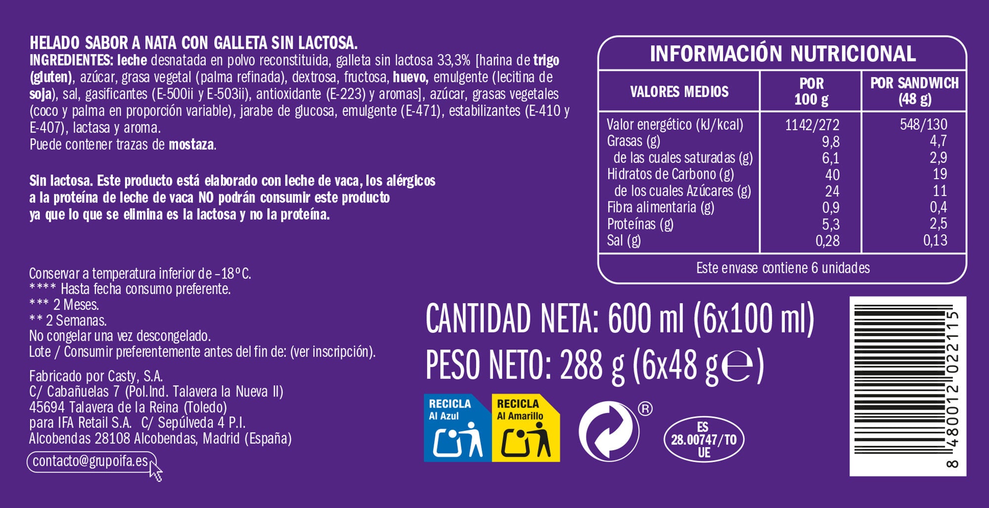 Sandwich nata s/lactosa Ifa eliges p6x100ml