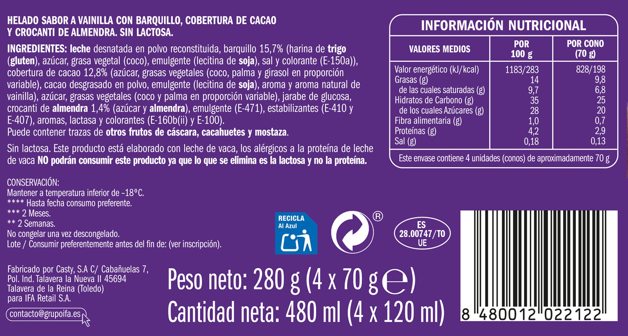 Cono vainilla s/lactosa Ifa eliges p4x120ml