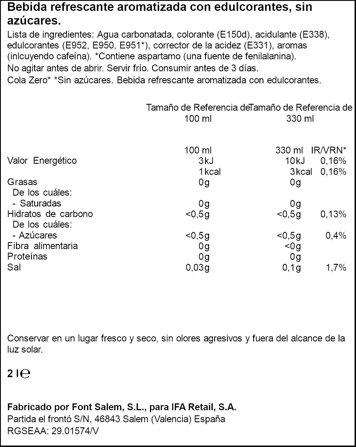 Refresco cola s/azúcar Ifa eliges 2l