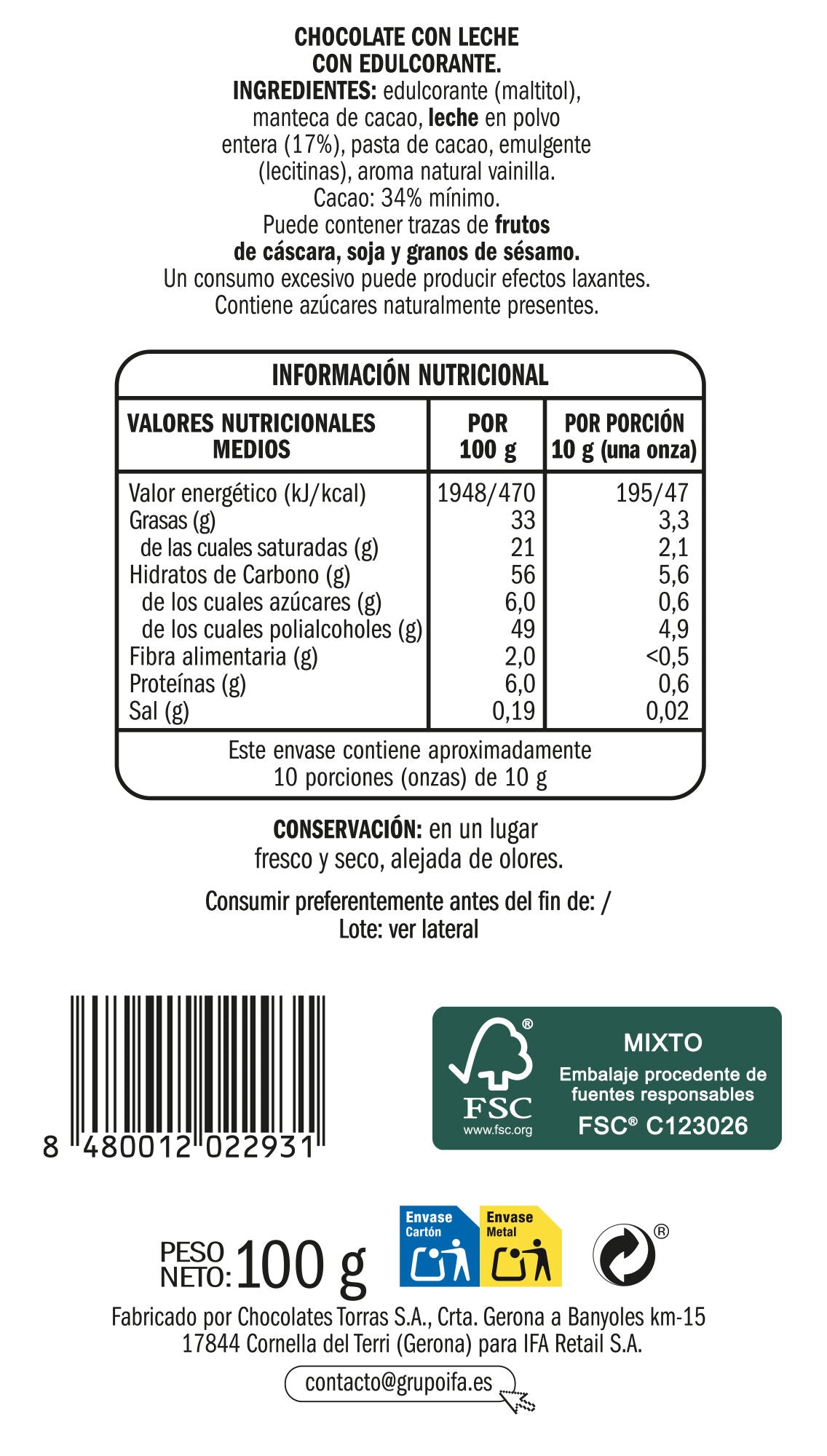 Chocolate s/a con leche Ifa eliges 100g