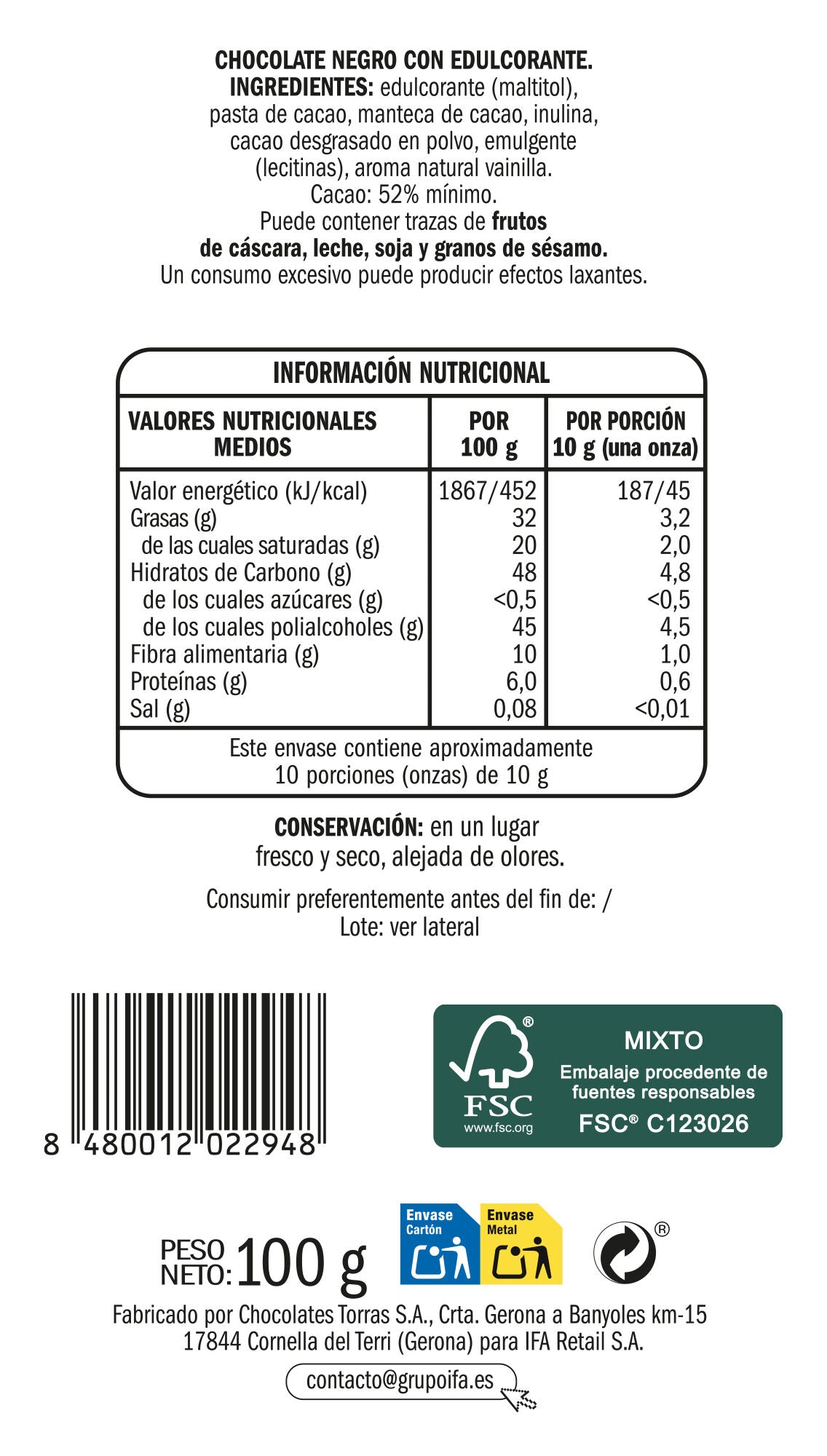 Chocolate s/a negro 51% Ifa eliges 100g